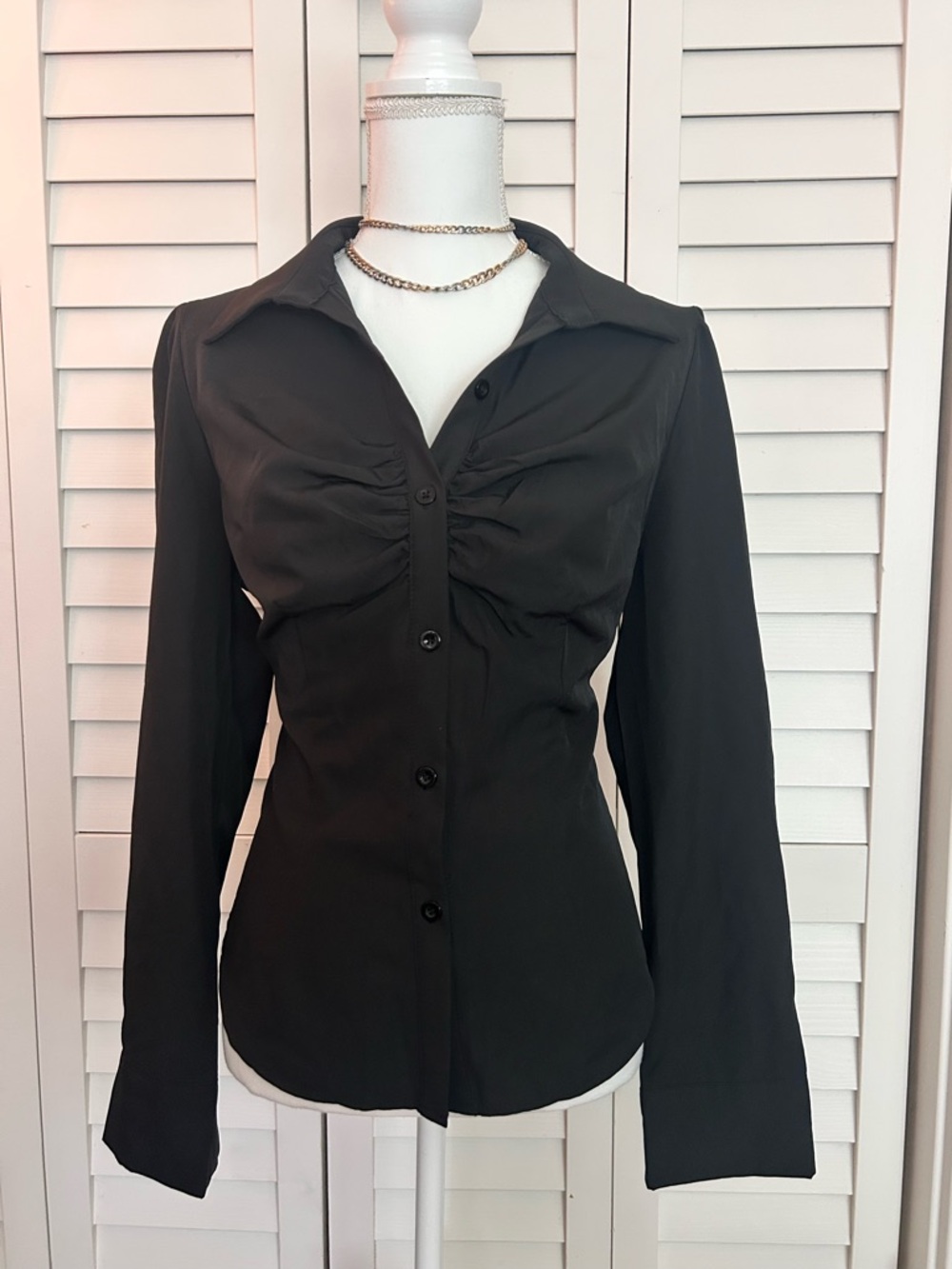 SHEIN Black Ruched Button-Front Women's Work Blouse Size Large